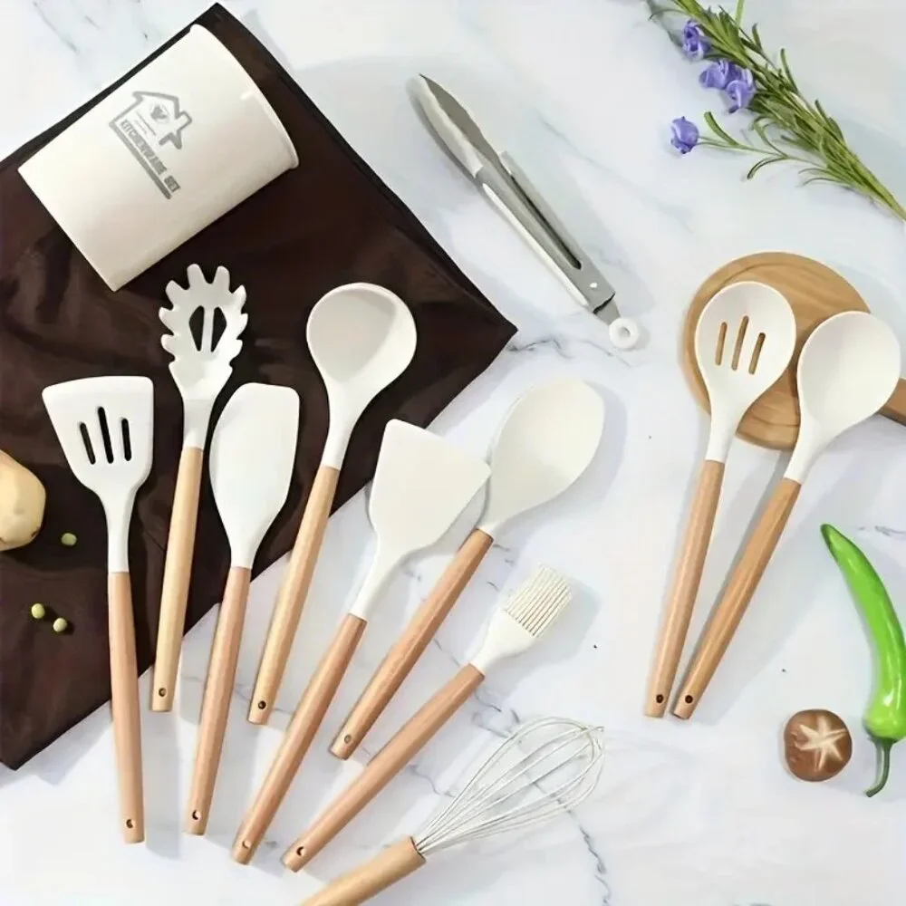 12pcs Non-Stick Silicone Kitchenware Utensil Set with Ergonomic Wooden Handle